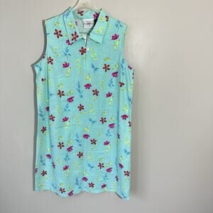 Vintage Blue Floral Linen Blend Sleeveless Dress Collared Tropical 16 New